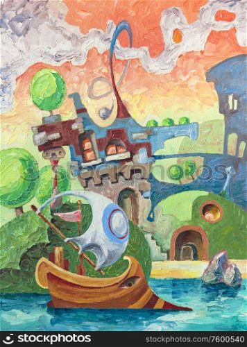 Castle and ship. The ancient ship is gliding the water surface. There are a whimsical buildings on land. Artwork by Alex Tsuper. Oil on canvas, 30 x 40 cm..