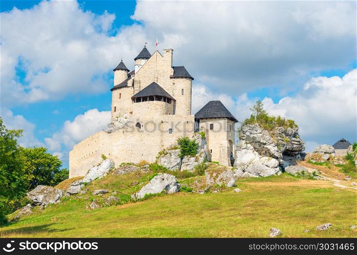 Castle Bobolice is a royal castle built in the 14th century in t. Bobolice, Poland - August 13, 2017: White Stone Medieval Castle of Bobolice