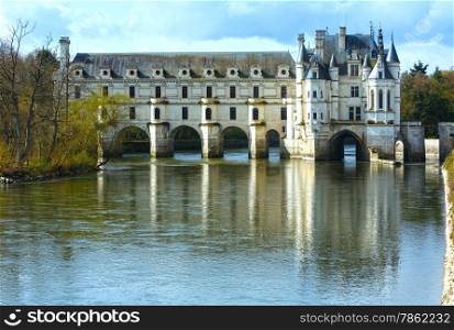 Castle Chenonceau on the River Cher (France). Built in 1514-1522. The bridge over river built in1556-1559 to designs by architect Philibert de Orme and gallery (1570-1576) to designs by Jean Bullant.