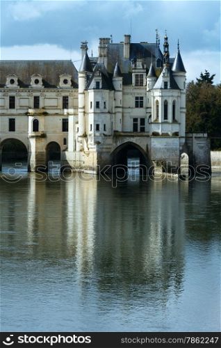 Castle Chenonceau on the River Cher (France). Built in 1514-1522. The bridge over river built in1556-1559 to designs by architect Philibert de Orme and gallery (1570-1576) to designs by Jean Bullant.