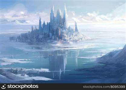 Castle city on ice island. Snow frost. Generate Ai. Castle city on ice island. Generate Ai