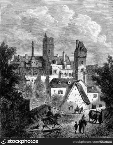 Castle Creully, vintage engraved illustration. Magasin Pittoresque 1867.