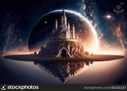 Castle floating is a large moon background , Generative Ai