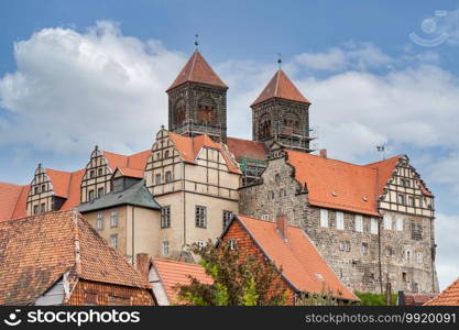 Castle hill with collegiate church of St. Servatius, UNESCO World Heritage Site, in Quedlinburg, Germany. Castle hill with St. Servatius Church in Quedlinburg, Germany