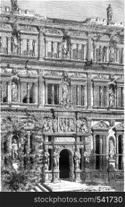 Castle of Heidelberg, Detail of the facade of the palace of Auron Henri, vintage engraved illustration. Magasin Pittoresque 1858.