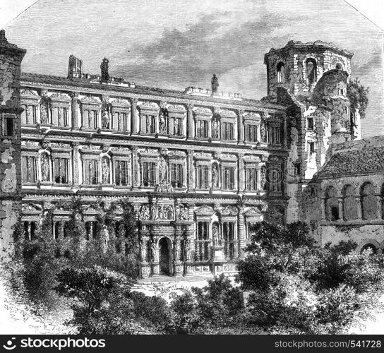 Castle of Heidelberg, Facade of the palace of Auron Henri, vintage engraved illustration. Magasin Pittoresque 1858.