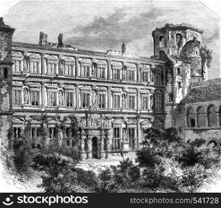 Castle of Heidelberg, Facade of the palace of Auron Henri, vintage engraved illustration. Magasin Pittoresque 1858.