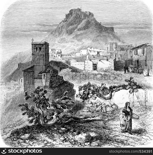 Castle of Lorca, vintage engraved illustration. Magasin Pittoresque 1855.