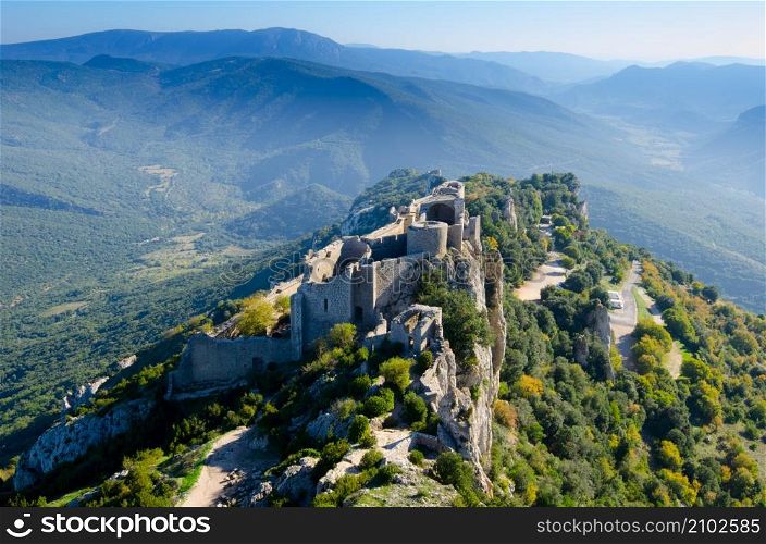 Castle of Peyrepertuse in the pyrenees mountain in france