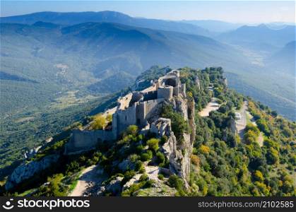 Castle of Peyrepertuse in the pyrenees mountain in france