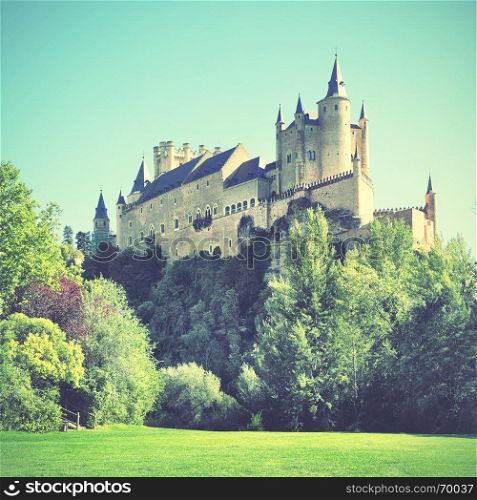 Castle of Segovia (Alcazar), Spain. Retro style filtered image