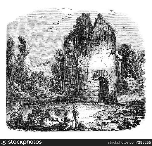 Castle Ruins kendal, vintage engraved illustration. Colorful History of England, 1837.
