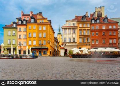 Castle Square, Piwna street and Bell tower of St. Martin&amp;#39;s Church in the morning, Warsaw Old town, Poland.
