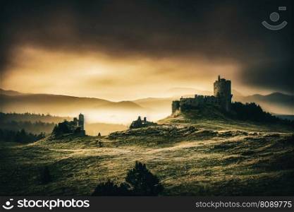 castle sunset medieval ruins fog