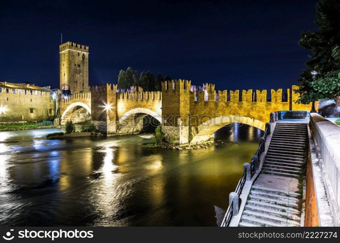 Castle Vecchio at summer night  in Verona, Italy