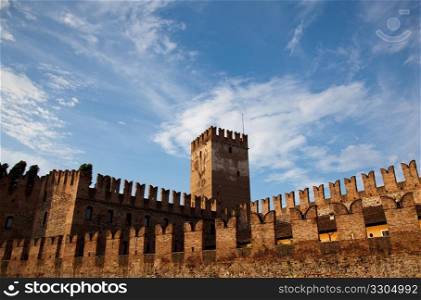 Castle Vecchio in Verona with battlements against the blue sky