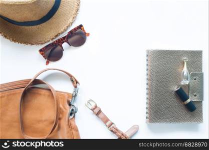 Casual accessories in brown color and leather on white background