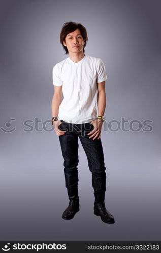 Casual Asian man wearing white shirt and jeans standing, isolated.