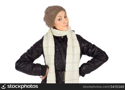 Casual attractive confident woman in winter fashion, hands on hips pose, isolated on white background