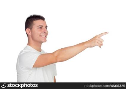 Casual blond man pointing something isolated on a white background