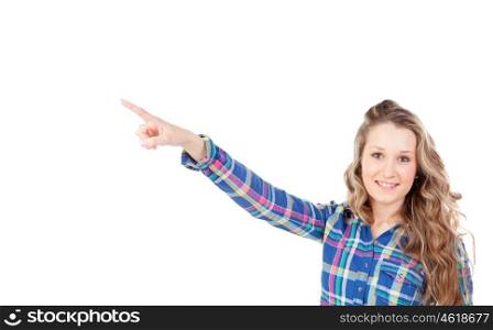 Casual blonde girl indicating at side with the finger isolated on a white background