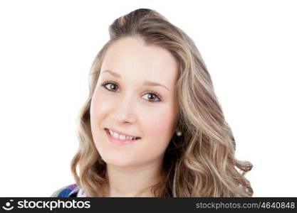 Casual blonde girl looking at camera isolated on a white background