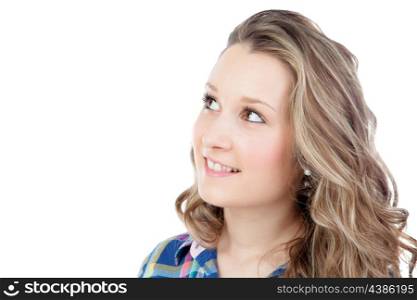 Casual blonde girl looking up isolated on a white background