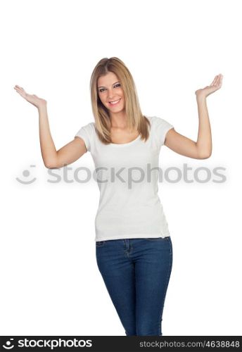 Casual blonde girl with her ??hands raised isolated on a white background