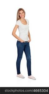 Casual blonde girl with jeans isolated on a white background