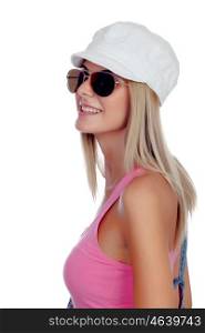 Casual blonde girl with sunglasses isolated on a white background