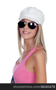 Casual blonde girl with sunglasses isolated on a white background