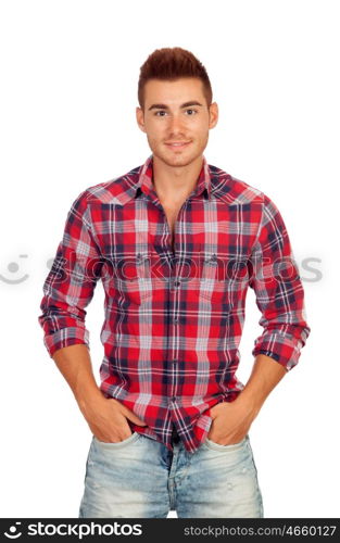 Casual boy with plaid shirt isolated on white background