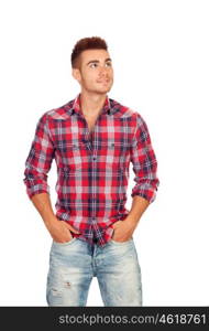 Casual boy with plaid shirt looking up isolated on white background