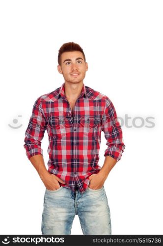 Casual boy with plaid shirt looking up isolated on white background