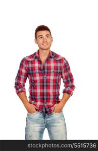 Casual boy with plaid shirt looking up isolated on white background