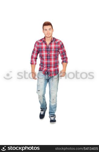 Casual boy with plaid shirt walking isolated on white background