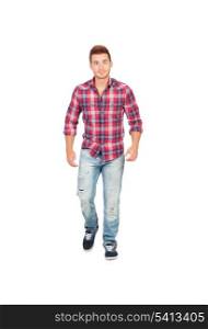 Casual boy with plaid shirt walking isolated on white background