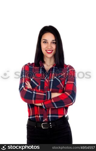 Casual brunette girl with red plaid shirt isolated on a white background