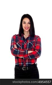 Casual brunette girl with red plaid shirt isolated on a white background