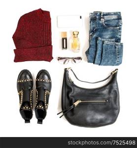 Casual clothes jeans, pullover, bag, shoes. Fashion flat lay for website, social media