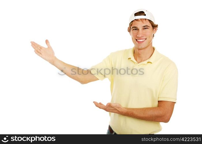 Casual, college aged man holding his hands out in a presenting gesture. Isolated on white.