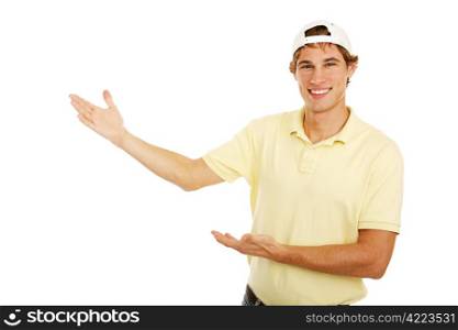 Casual, college aged man holding his hands out in a presenting gesture. Isolated on white.