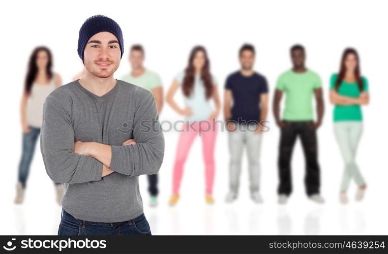 Casual cool men with unfocused people of background