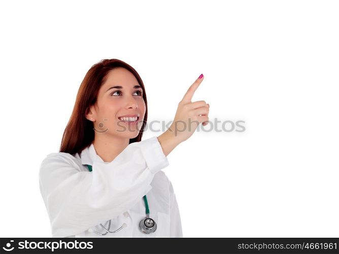 Casual doctor with brown eyes indicating something with the finger isolated on a white background