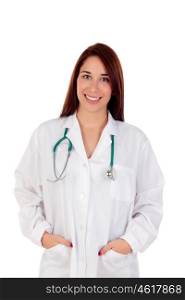 Casual doctor with brown eyes isolated on a white background