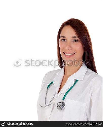 Casual doctor with brown eyes isolated on a white background