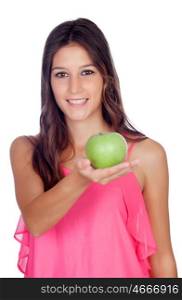 Casual gir with a green apple isolated on a white background