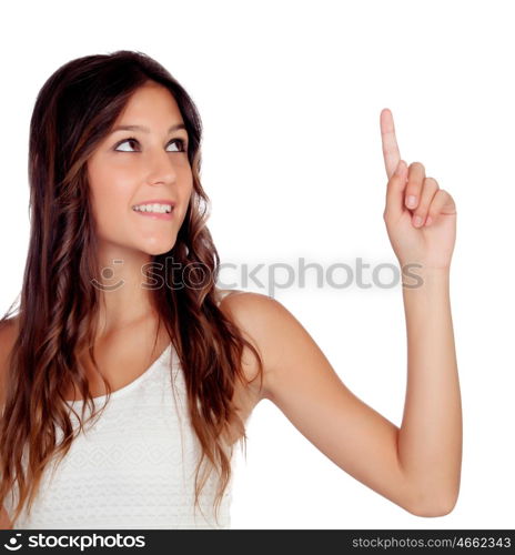 Casual girl indicating something with her finger isolated on a white background
