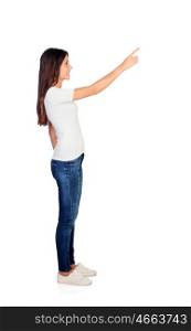 Casual girl pointing something at side isolated on a white background