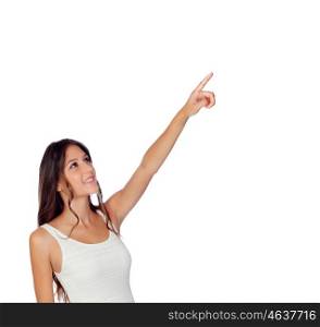 Casual girl pointing something isolated on a white background